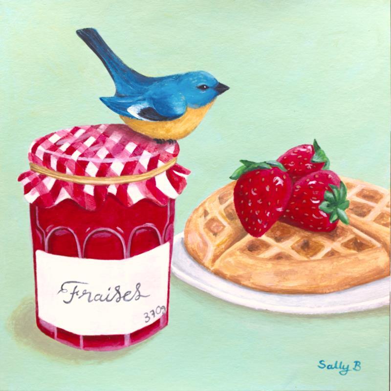 Peinture Oiseau sur confiture fraises avec gaufre par Sally B | Tableau Art Singulier Animaux Natures mortes Acrylique