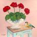 Painting Oiseau avec géranium sur tabouret by Sally B | Painting Raw art Animals Still-life Acrylic