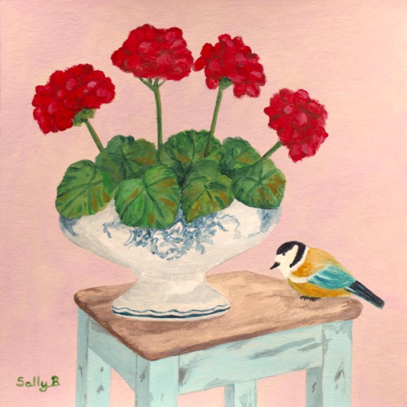 Painting Oiseau avec géranium sur tabouret by Sally B | Painting Raw art Animals Still-life Acrylic