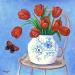Painting Tulipes dans un vase chinoiserie avec papillon by Sally B | Painting Raw art Still-life Acrylic