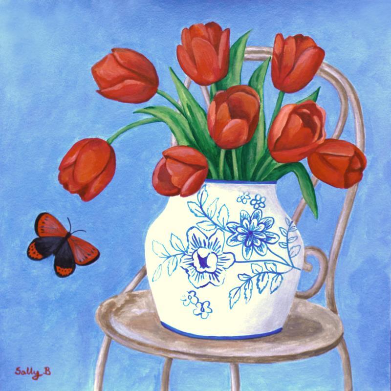 Painting Tulipes dans un vase chinoiserie avec papillon by Sally B | Painting Raw art Still-life Acrylic