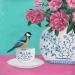 Pintura Oiseau sur une tasse avec fleurs dans un vase chinoiserie por Sally B | Pintura Arte bruto Animales Naturalezas muertas Acrílico