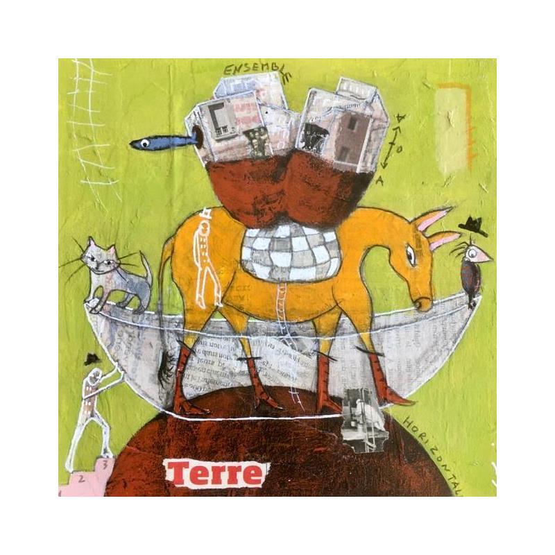 Pintura Planète terre por Colin Sylvie | Pintura Arte bruto Animales Acrílico Collage Pastel