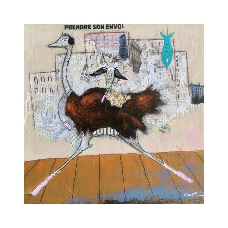 Pintura Prendre son envol por Colin Sylvie | Pintura Arte bruto Animales Acrílico Collage Pastel