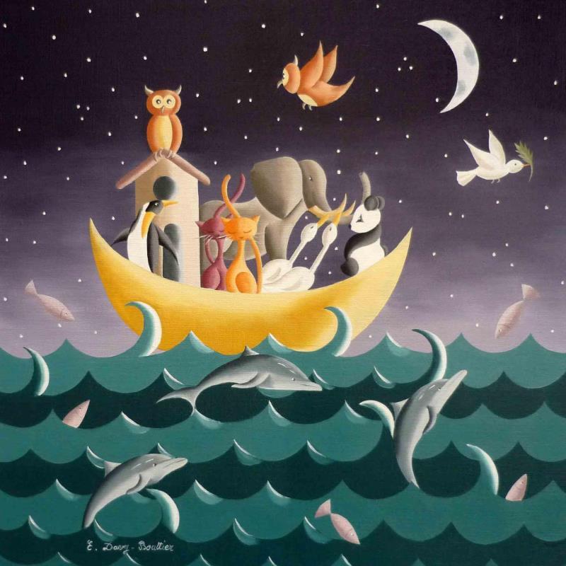 Painting Arche de Noé by Davy Bouttier Elisabeth | Painting Naive art Marine Oil