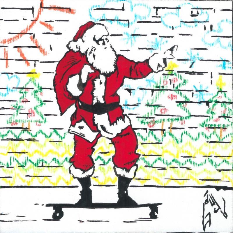 Peinture SKATER SANTA par Di Vicino Gaudio Alessandro | Tableau Street Art Urbain Icones Pop Scènes de vie Bois Acrylique