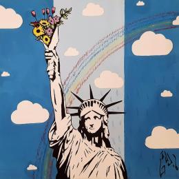 Peinture THE STATUE OF WELCOME par Di Vicino Gaudio Alessandro | Tableau Street Art Acrylique, bois icones Pop, noir & blanc