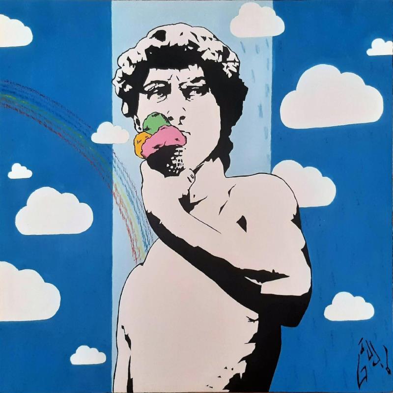 Peinture DAVID'S ICE CREAM par Di Vicino Gaudio Alessandro | Tableau Street Art Icones Pop Scènes de vie Noir & blanc Bois Acrylique