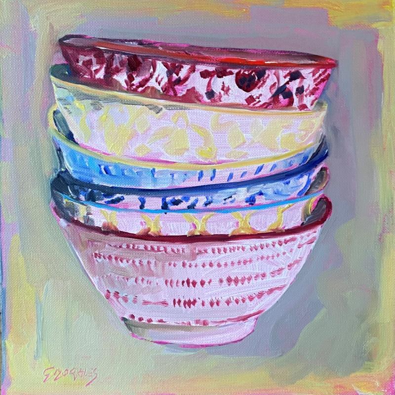 Peinture 6 BOLS EMPILES par Morales Géraldine | Tableau Figuratif Natures mortes Huile Acrylique