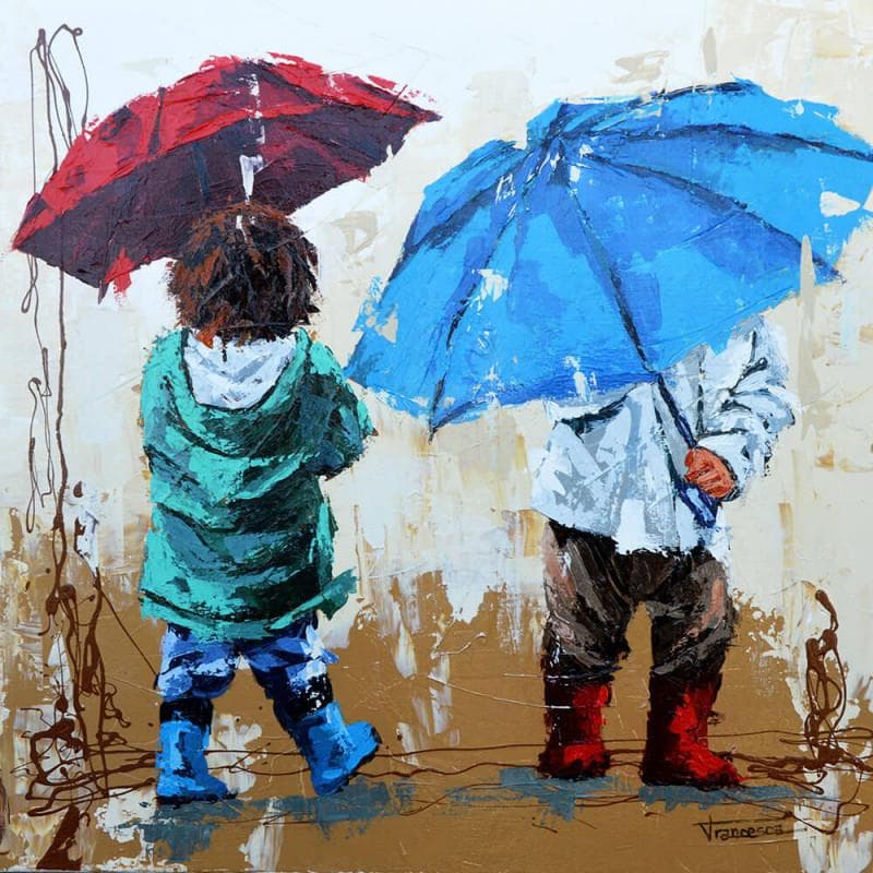 Painting Jugando con la lluvia by Escobar Francesca | Painting Figurative Life style Acrylic