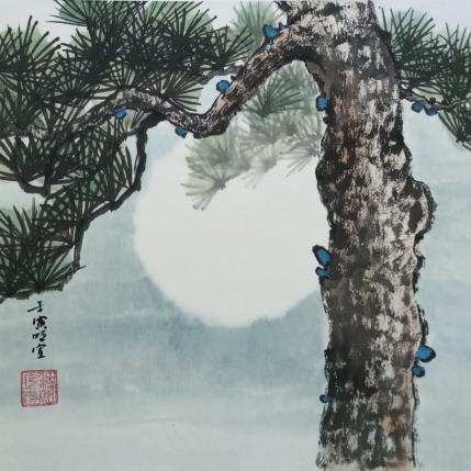 Painting Pinetree under moon by Du Mingxuan | Painting Figurative Watercolor Landscapes