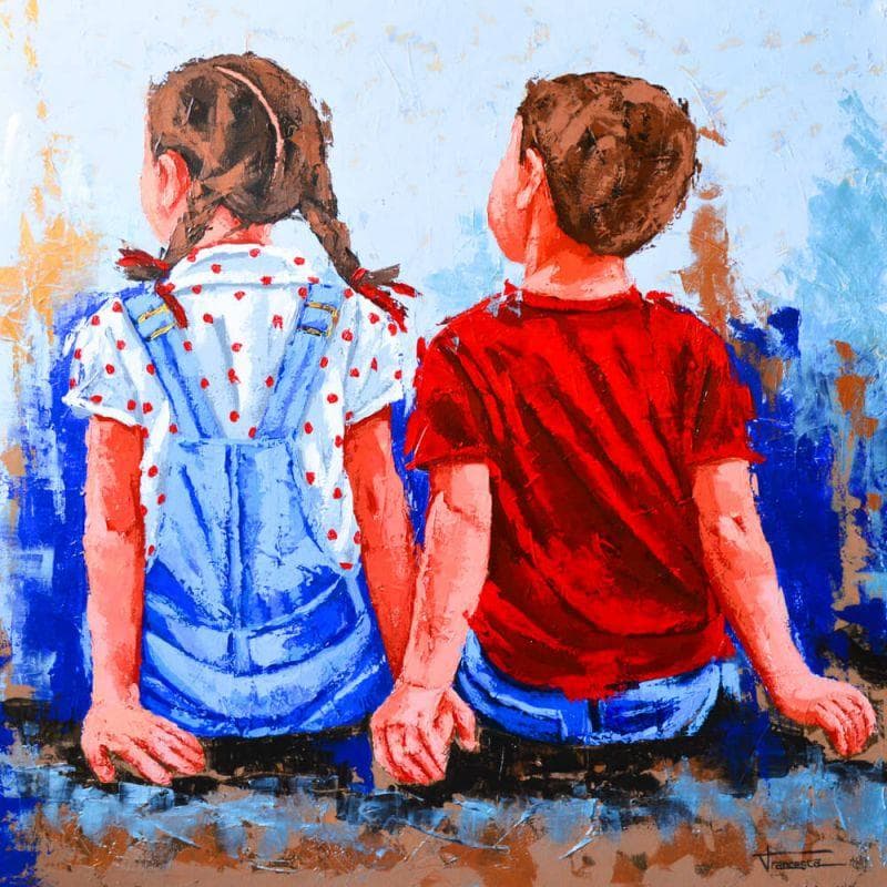 Peinture Azul y rojo par Escobar Francesca | Tableau Figuratif Scènes de vie Acrylique