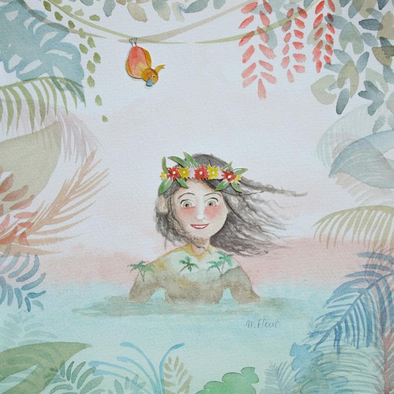 Peinture L'hawaïenne et le perroquet par Marjoline Fleur | Tableau Art naïf Scènes de vie