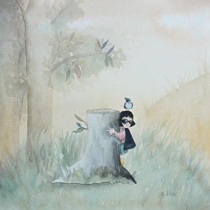 Peinture La voleuse d'oiseau par Marjoline Fleur | Tableau Art naïf scènes de vie