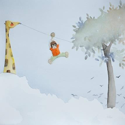 Gemälde Au dessus des nuages von Marjoline Fleur | Gemälde Naive Kunst Alltagsszenen