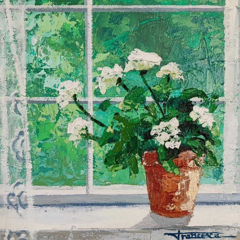 Gemälde Geraneo blanco von Escobar Francesca | Gemälde Figurativ Alltagsszenen Holz Acryl