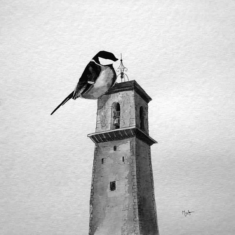 Peinture Mésange Gardanne par Mü | Tableau Art naïf Urbain Animaux Noir & blanc