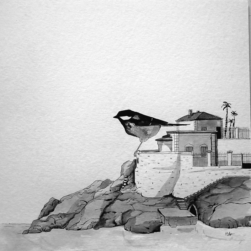 Painting Marégraphe by Mü | Painting Naive art Marine Animals Black & White