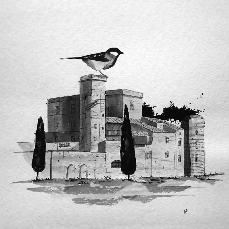 Painting Lourmarin by Mü | Painting Naive art Landscapes Animals Black & White