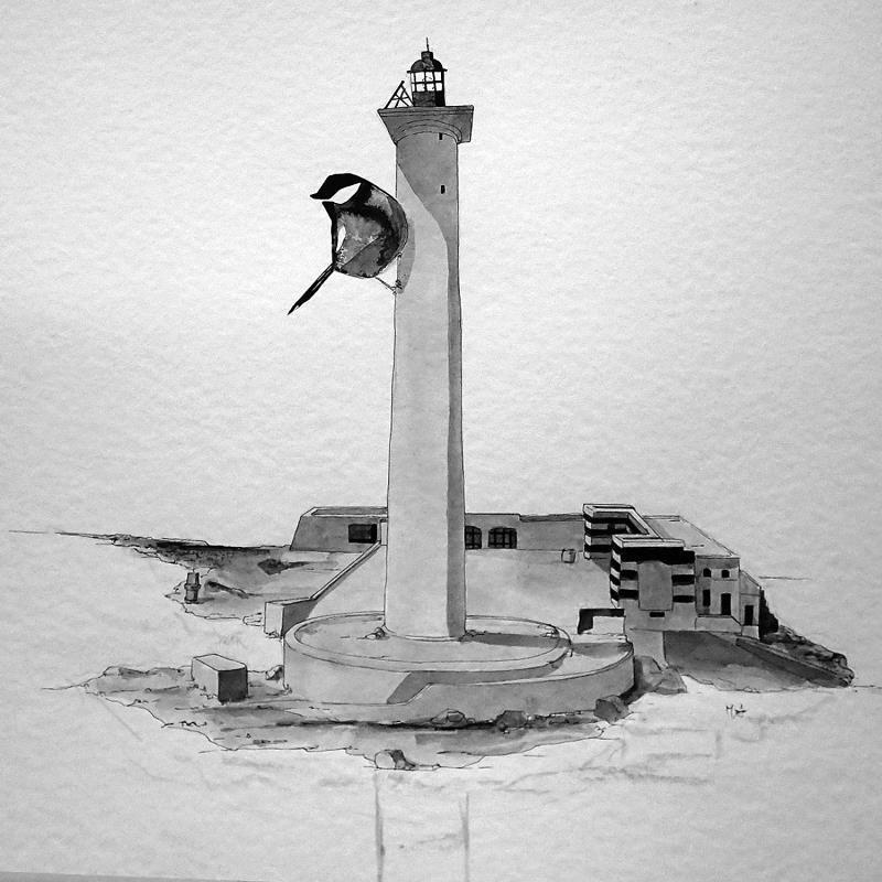Peinture Phare du planier par Mü | Tableau Art naïf Marine Animaux Noir & blanc