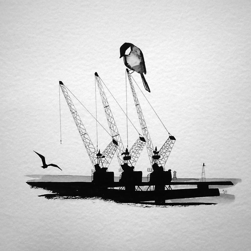 Peinture Grues de la digue par Mü | Tableau Art naïf Marine Animaux Noir & blanc