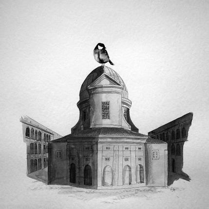 Peinture Vieille charité par Mü | Tableau Art naïf Encre animaux, noir & blanc, Urbain