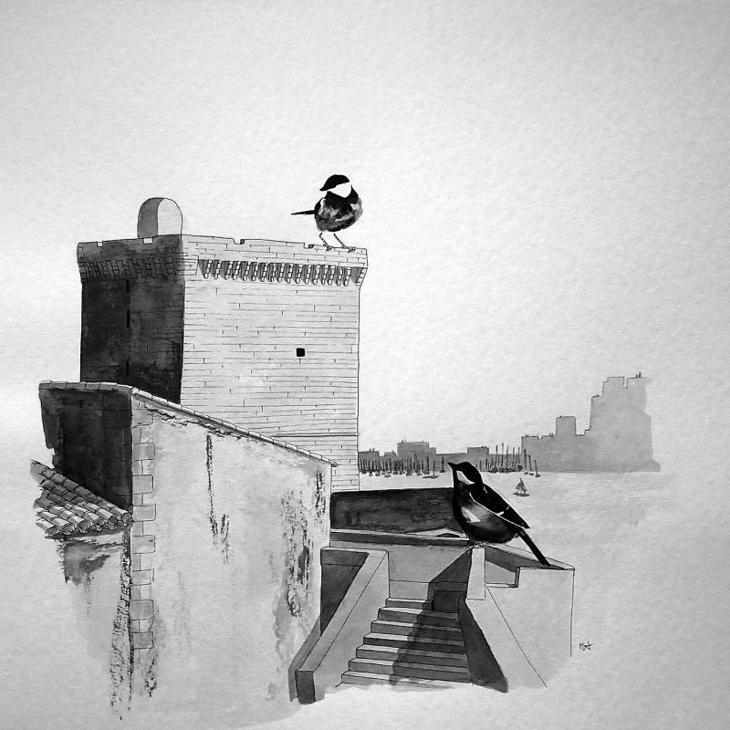 Peinture Vieux fort par Mü | Tableau Art naïf Urbain Animaux Noir & blanc