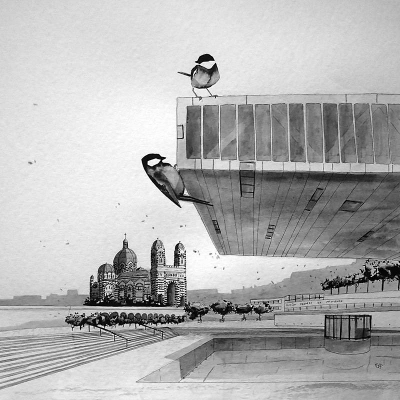 Peinture Villa Méditerranée  par Mü | Tableau Figuratif Urbain Animaux Noir & blanc