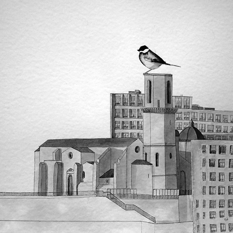 Peinture Église Saint Laurent par Mü | Tableau Art naïf Urbain Animaux Noir & blanc