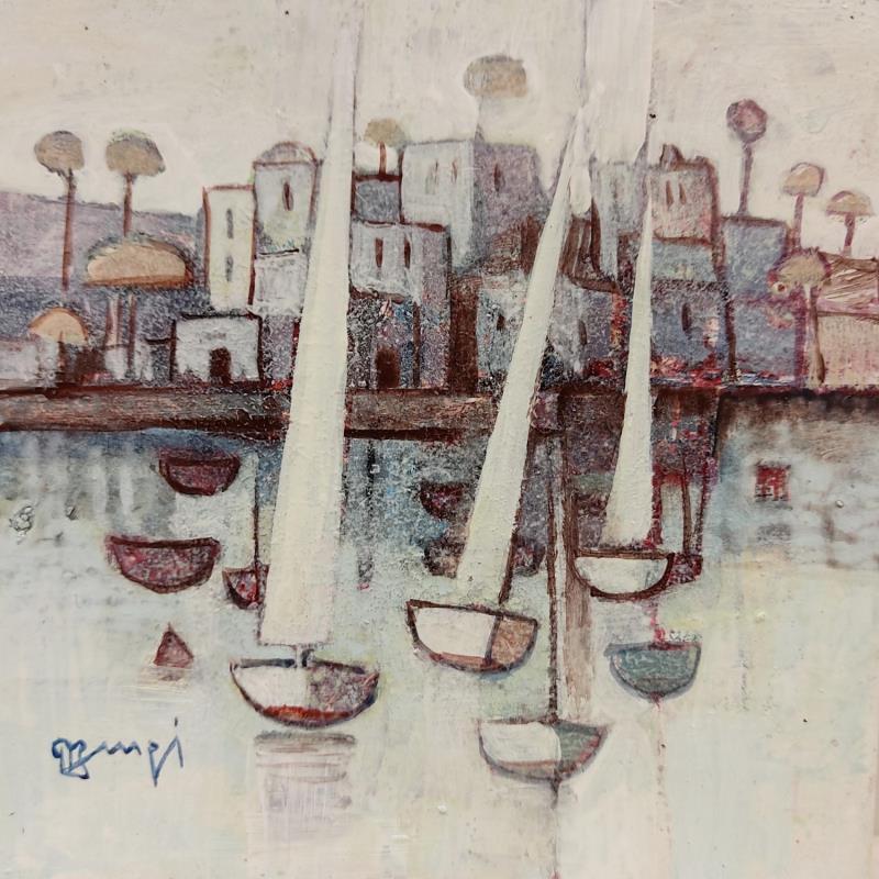 Gemälde Le petit port bleu I von Burgi Roger | Gemälde Figurativ Landschaften Marine