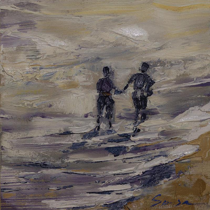 Peinture Couple on the shore par Fran Sosa | Tableau Figuratif Paysages Marine Scènes de vie Huile