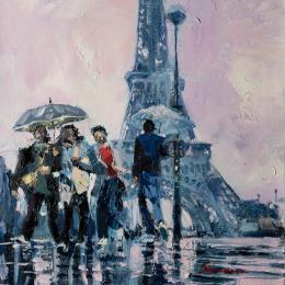 Peinture It rains on the Eiffel Tower par Fran Sosa | Tableau Figuratif Huile Paysages, Scènes de vie, Urbain