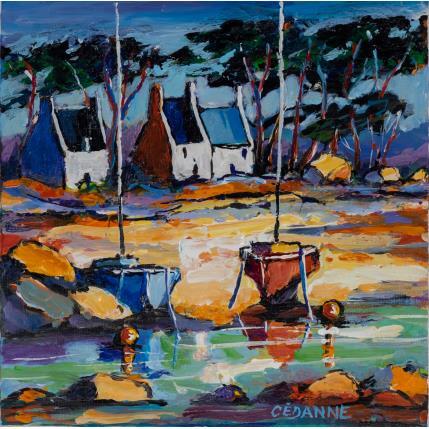 Peinture Maisons bretonnes et barques rouge et bleue par Cédanne | Tableau Figuratif Huile Marine