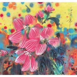 Painting Blooming color  pink flower by Yu Huan Huan | Painting Figurative Ink Still-life