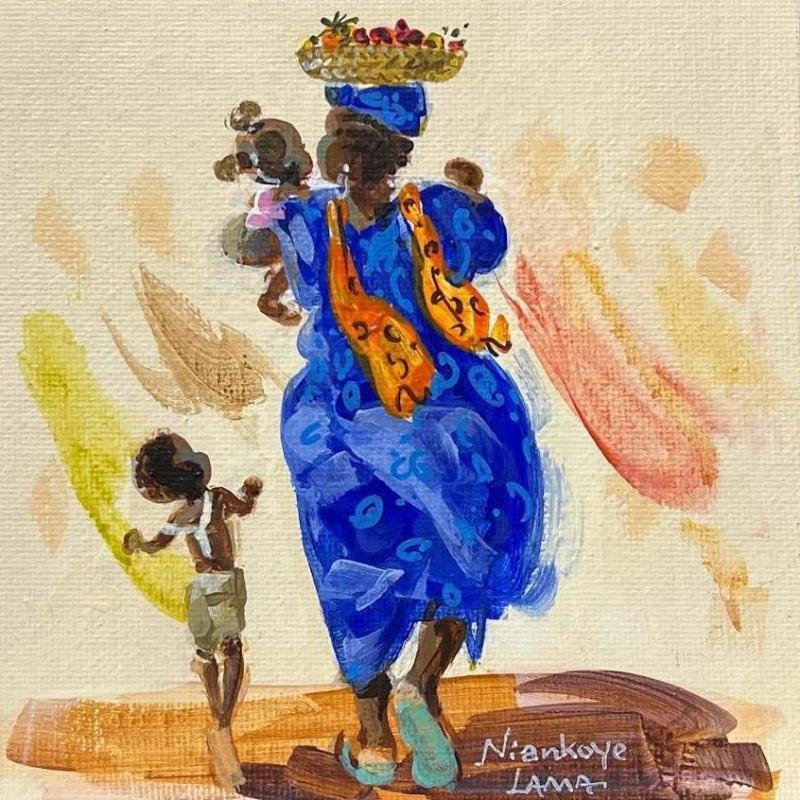 Peinture Dame et Enfants par Lama Niankoye | Tableau Figuratif Scènes de vie Acrylique