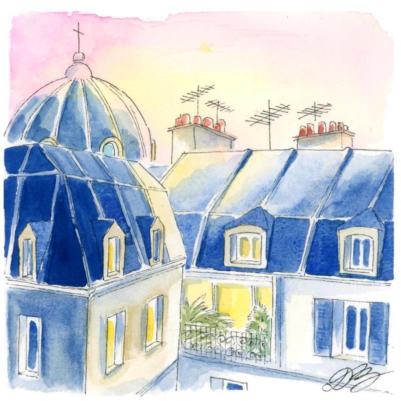 Peinture Toits au lever par Balme Delphine | Tableau Art naïf Urbain Scènes de vie Aquarelle