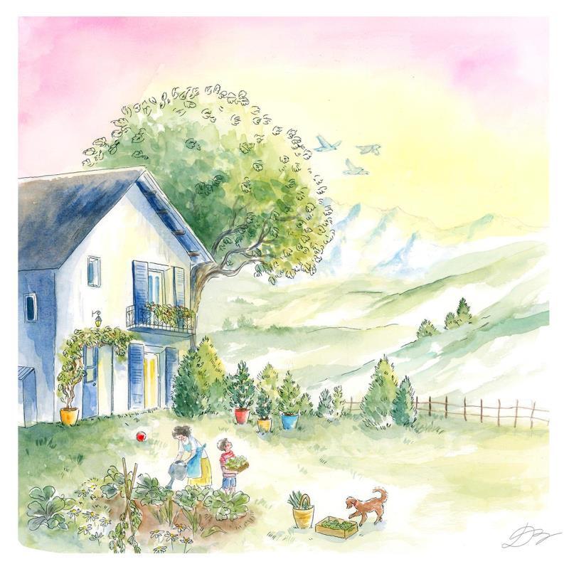 Peinture Petite récolte par Balme Delphine | Tableau Art naïf Paysages Scènes de vie Aquarelle