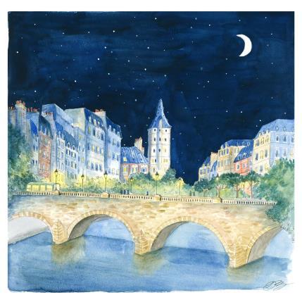 Pintura Pont de nuit por Balme Delphine | Pintura Arte naïf Acuarela Life style, Paisajes, Urbano