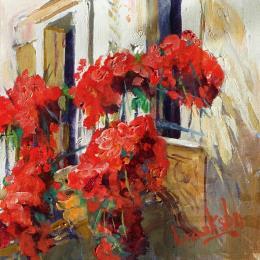 Pintura Balcony Geraniums por Brooksby | Pintura Figurativo Aceite Paisajes, Urbano