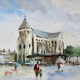Painting Tours - L'église Saint Julien by Gutierrez | Painting Impressionism Watercolor Pop icons, Urban
