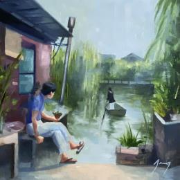 Peinture Quelque part au Japon par Jung François | Tableau Figuratif Huile Paysages, Scènes de vie