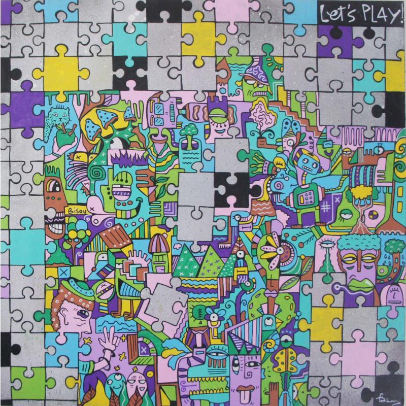 Gemälde Let's Play von Fanny | Gemälde Art brut Holz