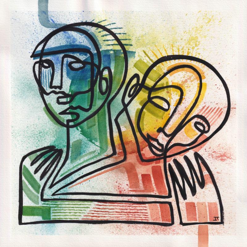 Painting -El abrazo by Detovart | Painting Raw art Portrait Urban Nature Watercolor Posca