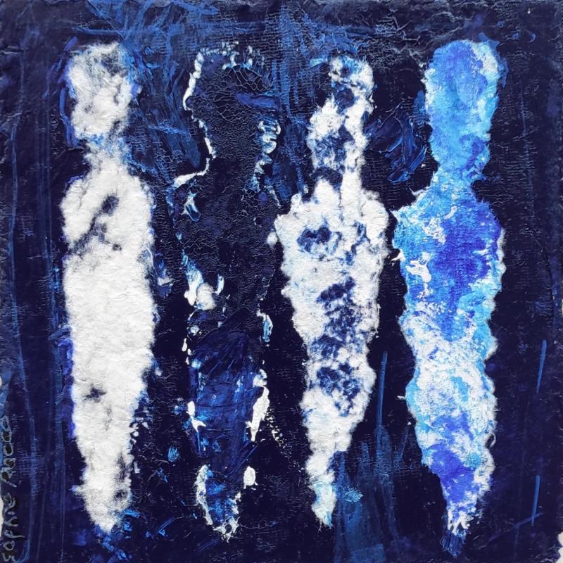 Peinture 4 complices dans l'azur par Rocco Sophie | Tableau Art Singulier Carton Huile Acrylique Collage Sable