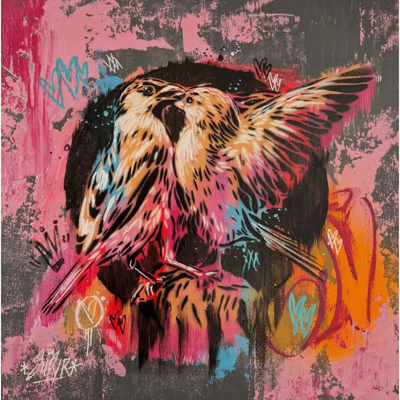Peinture Les oiseaux le baiser  par Sufyr | Tableau Street Art Graffiti Acrylique