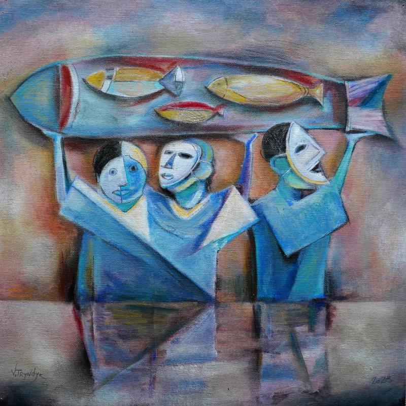 Painting Fishermen by Tryndyk Vasily | Painting Figurative Life style Minimalist Oil