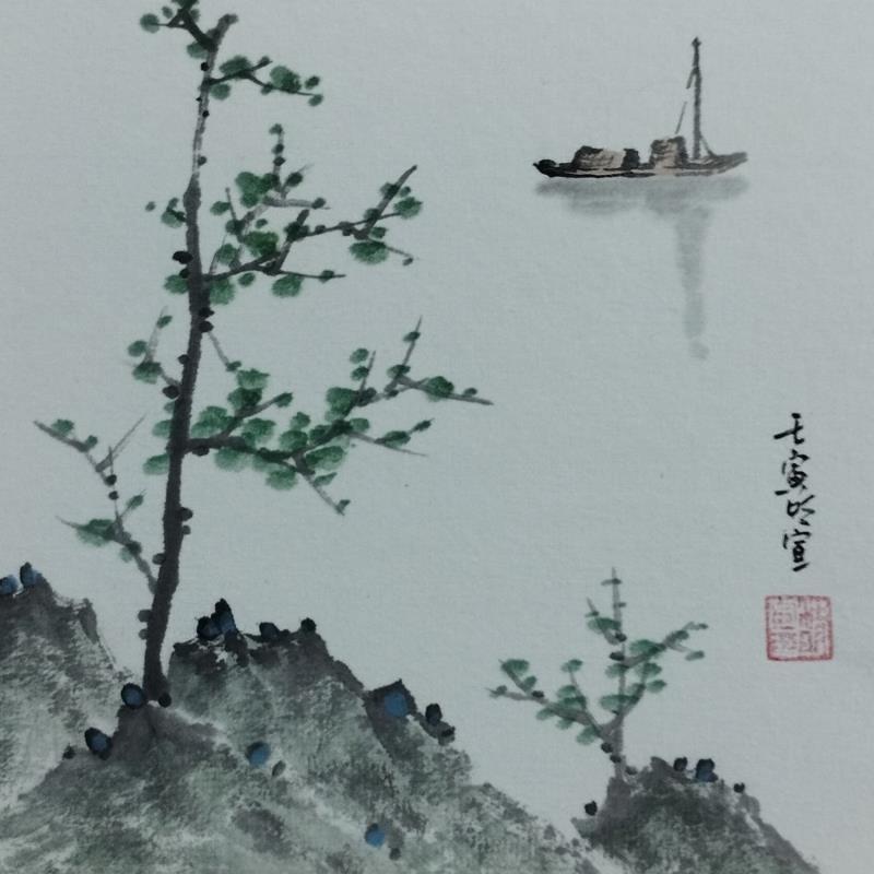 Painting Boat on lake by Du Mingxuan | Painting Figurative Landscapes Nature Life style Watercolor Ink