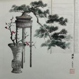 Peinture Bonsai and vase par Du Mingxuan | Tableau Figuratif Aquarelle, Encre Natures mortes