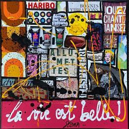 Pintura La vie est belle ! (rose) por Costa Sophie | Pintura Pop art Acrílico, Collage, Posca, Supraciclaje