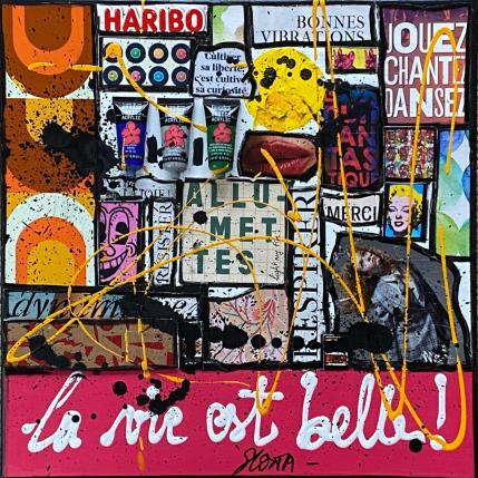 Gemälde La vie est belle ! (rose) von Costa Sophie | Gemälde Pop-Art Acryl, Collage, Posca, Upcycling